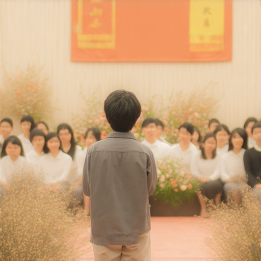 外籍英文老師站在畢業典禮上，分享打動人心的畢業賀詞技巧，學生們專注傾聽，現場氛圍溫馨，感受學習與成長的喜悅，提升畢業賀詞的影響力。