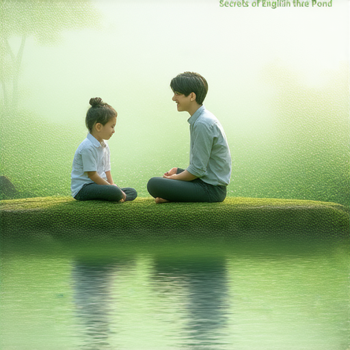一名外籍老師在池塘旁與學生進行一對一英語教學，背景是清澈的水面，老師耐心引導，學生專注學習，象徵著「池塘裡的英文秘密」的流利對話理念。