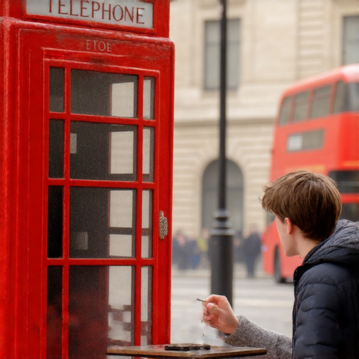 解鎖電話亭的秘密，外籍英文老師現身輕鬆一對一學習英文，學生在桌旁專注交流，背景呈現英倫風情，展現語言學習的趣味與效率。