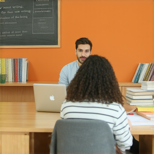 畢業論文寫作課程的外籍英文老師進行一對一教學的場景，學生專注於筆記，提升論文寫作技能，讓成績更上一層樓，展現專業學習環境。