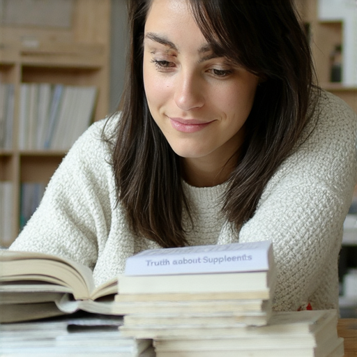 外籍老師一對一英語課，學生專注學習補充品真相的過程，書桌上擺放著相關書籍和筆記，增進對補充品的了解與學習。