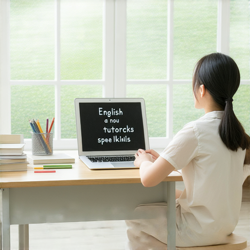 外籍老師一對一專屬教學場景，學生專注學習英語，教室環境明亮舒適，強調解鎖流利英語的學習體驗，提升英語口說能力。