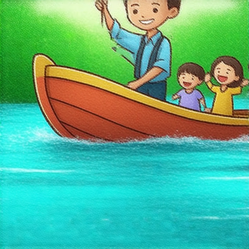 外籍英文老師帶領學生探索遊船河，融洽對話，享受學習英語的樂趣，展現流利口語的互動場景，充滿活力與文化交流的氛圍。