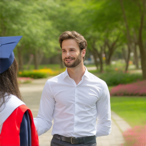 畢業季來臨，一位外籍老師與學生進行一對一的英文練習，學生表現出自信，背景為校園，象徵開啟職場新機會，提升英文能力。