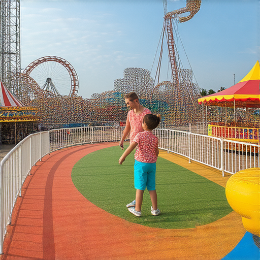 外籍老師一對一教學，學生學習遊樂設施相關英文，背景為繽紛遊樂園場景，快樂氛圍中探索各種遊戲設施，報名輕鬆提高英語交流能力，享受遊玩樂趣。