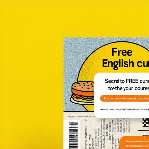 免費英文課程的宣傳海報，展示餐券的設計圖案，強調如何獲得免費課程的秘訣，背景包含色彩豐富的圖形和引人注目的標題，吸引有興趣的學習者參與。