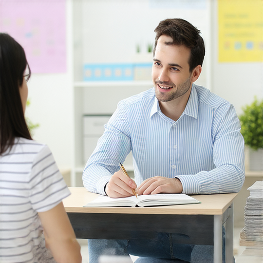 一位外籍老師與學生進行一對一英語口說教學的場景，展示互動學習與提升口說能力的效果，揭示英語學習的秘密，立即體驗外籍老師的專業指導。