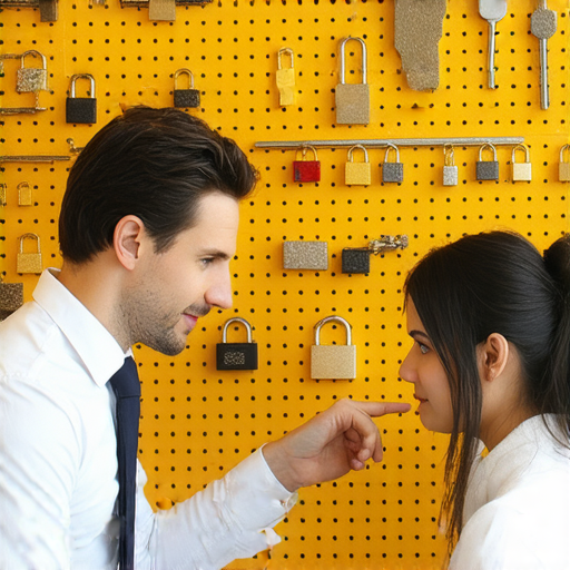 外籍老師指導學生學習開鎖技巧，學生專心聆聽，兩人一對一交流，背景展示鎖具與工具，強調學習英文與新技能的結合。