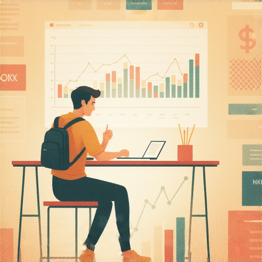 學會港交所英語的廣告圖片，其中包含外籍老師與學生進行一對一教學，背景為金融市場相關圖像，吸引學習者預約課程，開啟財經知識之路。