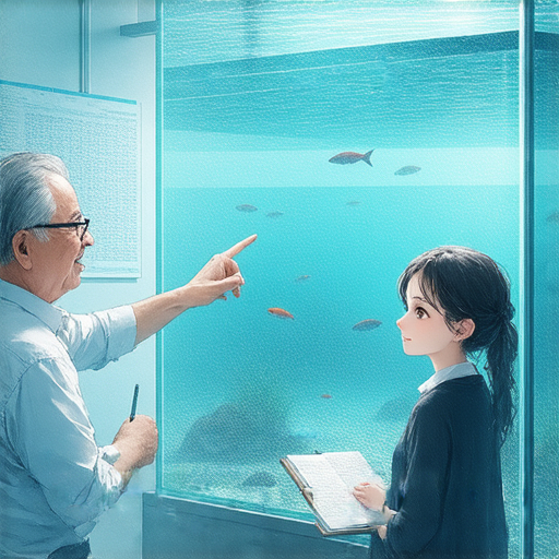 學習養魚技巧的外籍老師與學生一對一溝通，展現專業指導與互動，幫助學生立即開啟魚類專家之路，提升養魚知識和技能。