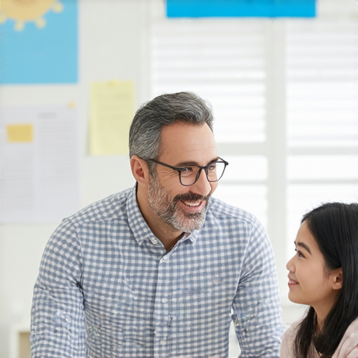 解密父系英文的教學場景，一位外籍老師正在一對一輔導學生，提升英語能力的秘訣，教室環境明亮且專業，學生專注學習，強調個性化指導的效果。