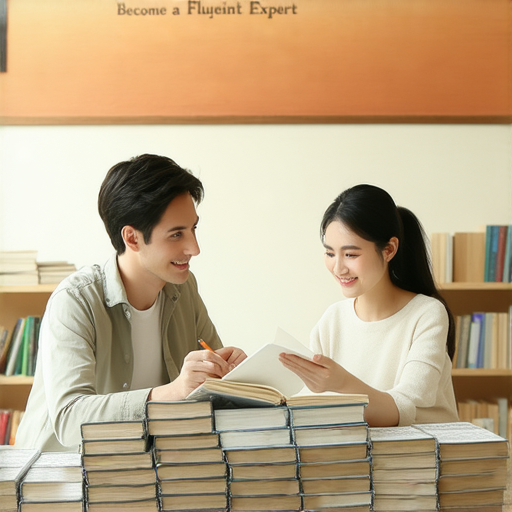 外籍老師一對一英語教學場景，學生專心學習，書本和筆記本擺放整齊，背景顯示學習氛圍，標誌「成為流利的英語高手」，開啟學習之旅。