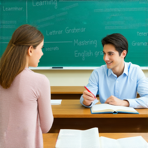 外籍老師一對一教學場景，學生專心學習英文法，桌上有書本和筆記，表現出提升語言能力的氛圍，瞬間體驗掌握英文法的秘密。