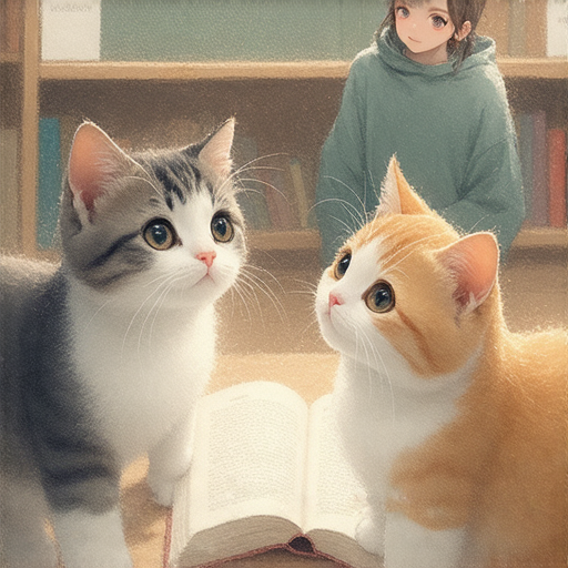 英語學習者與外籍老師一起探索貓咪的神秘世界，畫面中有可愛的貓咪與學生互動，展現學習語言的樂趣與貓的迷人氣息。