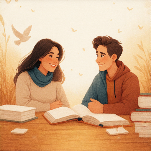 祈禱與英語學習者互動圖，展示外籍老師與學生深度對話的場景，背景中有和平與智慧的象徵，強調文化交流與語言學習的重要性。