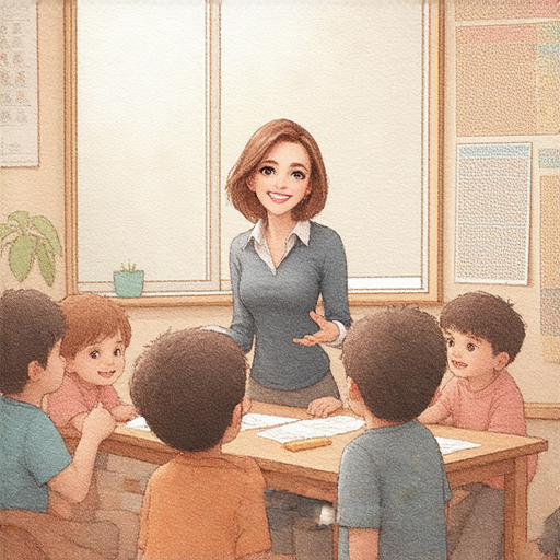 外籍老師在飯廳中引導學生學習英文，周圍環境輕鬆愉快，學生專注互動，展現英語學習的秘密，營造良好的學習氛圍。