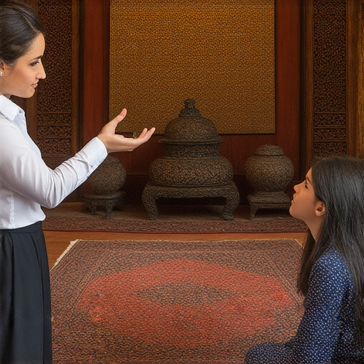 外籍英文老師與學生在祠堂中交流，深入探討祠堂的文化奧秘，學習歷史背景和傳統習俗，一對一的互動服務幫助學生增進理解。