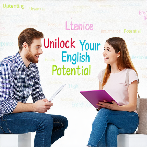外籍老師一對一教學場景，學生積極參與學習，對話熱烈，背景顯示英語單字及短語，強調「Unlock Your English Potential」的學習主題，讓學習變得有趣且有效。