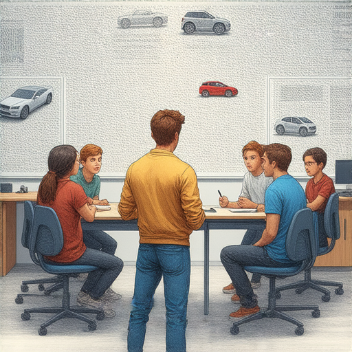 外籍英文老師與學生在教室內深入探討汽車改裝的專業術語，學生積極提問，背景展示汽車零部件，強調汽車改裝的秘密與學習過程。