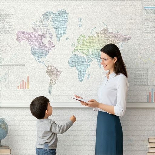 外籍老師一對一教學場景，學生與老師積極互動，展現學習流利英文的過程，背景中有語言學習相關元素，強調開啟語言之旅的主題，讓學習更有效。