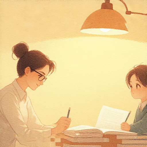 外籍老師一對一教學中，學生專注於檯燈下的學習，展現語言學習的氛圍，表示透過外籍教師的指導，照亮學習英文的道路，促進語言能力提升。