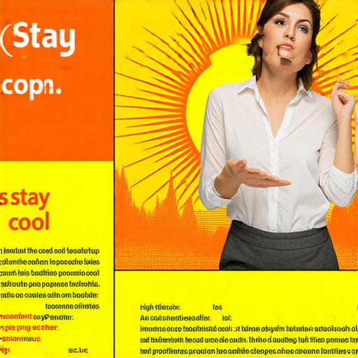 酷熱警告的海報，顯示夏日高溫對健康的影響，並介紹外籍英文老師如何提供應對建議，背景包含陽光和高溫的圖案，提醒人們注意防暑和保持涼爽。