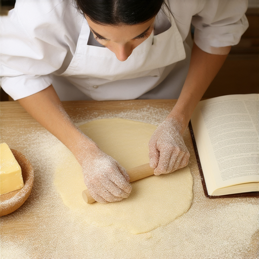 酥皮烘焙技巧展示，廚房內的材料與工具，師傅專注於製作酥皮，學習英文烘焙知識的過程，探索如何輕鬆掌握烘焙技術與秘訣。