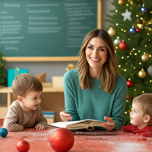 聖誕主題的英語課程廣告，顯示外籍老師與學生互動，傳遞學習英語的快樂與新年期待，吸引學員報名一對一英語課程，提升口語流利度。