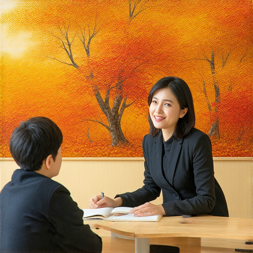 外籍老師一對一教授英文的畫面，學生積極互動，學習環境舒適宜人，展現學習熱情，提升英文能力如同楓葉般充滿生機與變化，傳達出高效學習的氛圍。