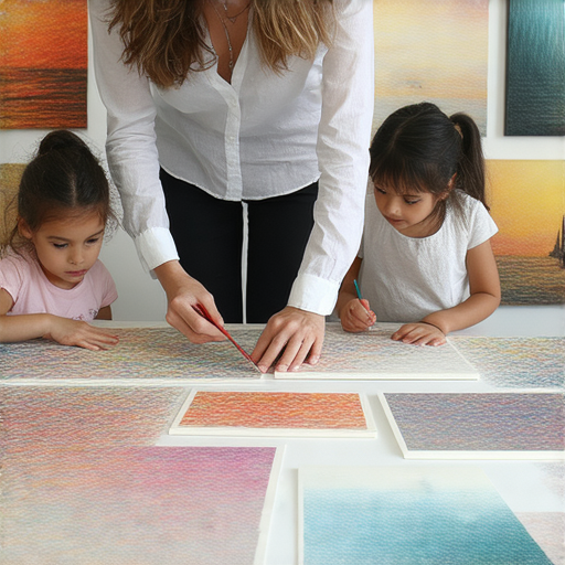 外籍老師指導學生進行版畫藝術創作，桌上擺放著畫具和作品，學生專注於學習英語，背景展示版畫作品，探索創作靈感的過程。