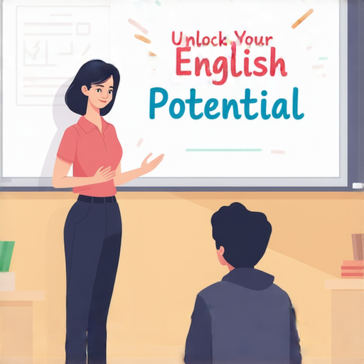 一對一外籍老師授課情境，學生專心學習英語，白板上寫著「Unlock Your English Potential」。學習環境溫馨，強調個人化教學，全面提升英語能力。