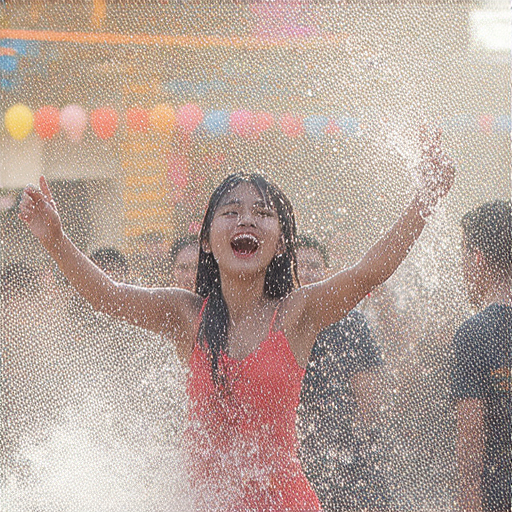 潑水節活動中人們相互潑水，展現泰國文化的熱情與活力，背景是五彩繽紛的裝飾，歡樂氛圍中學英文體驗水戰的樂趣，傳遞傳統與現代的融合。