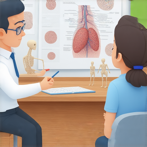 外籍老師與學生進行一對一的龜頭相關知識教學，桌上擺放教學資料，構建深入了解的學習環境，探索龜頭的神祕面紗。