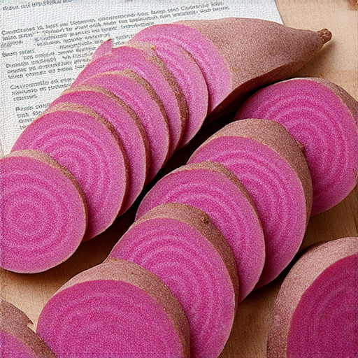 探秘紫薯的營養與美味，展示紫薯的切片及烹飪方式，背景有英文學習教材，象徵學習英文與健康飲食的結合，強調提升生活品質的理念。