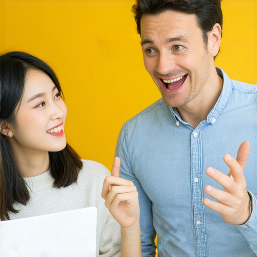 一名學生與外籍老師一對一進行英文發佈技巧的學習，展示輕鬆交流的情境，提升表達能力的學習過程，強調掌握英文的重要性。