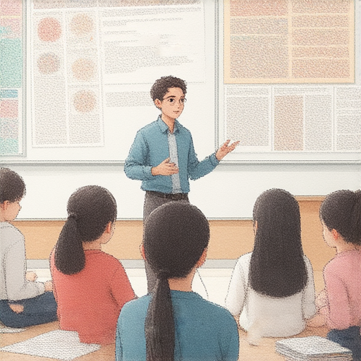 一位外籍英文老師在教室中指導學生，主題為破解癬的秘密，學生專注學習英語知識，促進了解與應對癬的策略，探索健康與語言學習的結合。