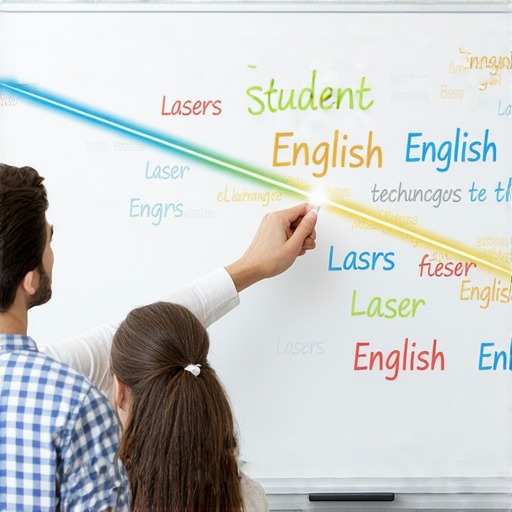 激光筆與外籍老師一對一教學場景，展示激光科技的魅力，強調如何利用激光筆升級英語能力，提升學習效果及互動性。