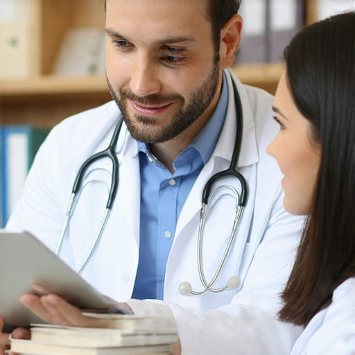 一位外籍老師與學生進行一對一的醫療英語交流，背景中有醫療相關的教材和設備，展示專業溝通能力的提升過程，揭示醫療英語的學習祕密。