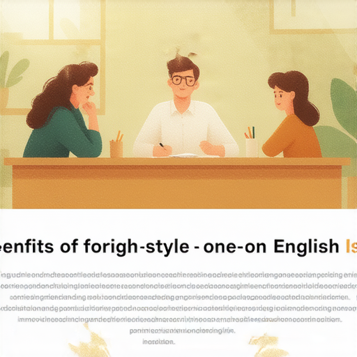 提升英文能力的廣告，展示一名外籍老師與學生進行一對一的英文教學，營造輕鬆學習的氛圍，強調進修英文的服務及其優勢。