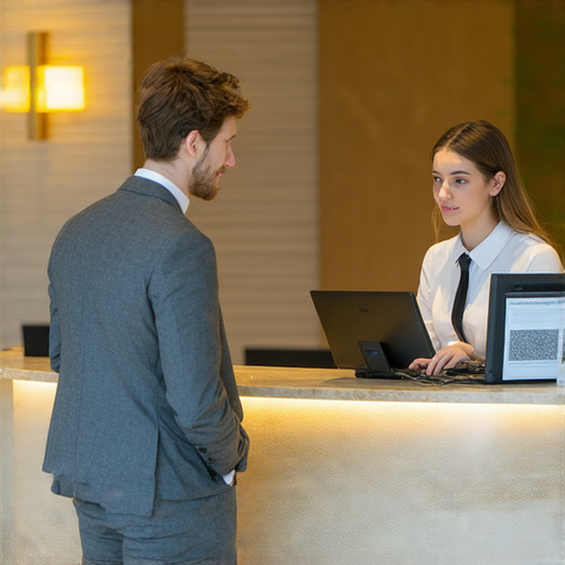 升級酒店前台英語能力的學生與外籍老師進行一對一教學，學習流利對話技巧，背景為現代酒店前台環境，展示專業學習氛圍。