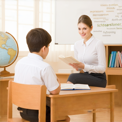 解鎖流利英文的圖片，展示一對一外籍老師專屬教學的情境，學生專注學習，老師耐心指導，提升語言能力，增強自信，體驗沉浸式學習的機會，立即行動，讓英語變得簡單。