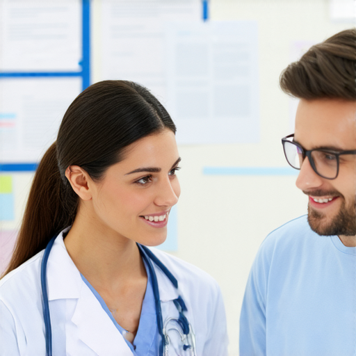 醫學英文教學場景，外籍老師一對一指導學生，提升專業能力，學生專注學習，背景顯示醫學相關資料，展現語言學習的互動氛圍。