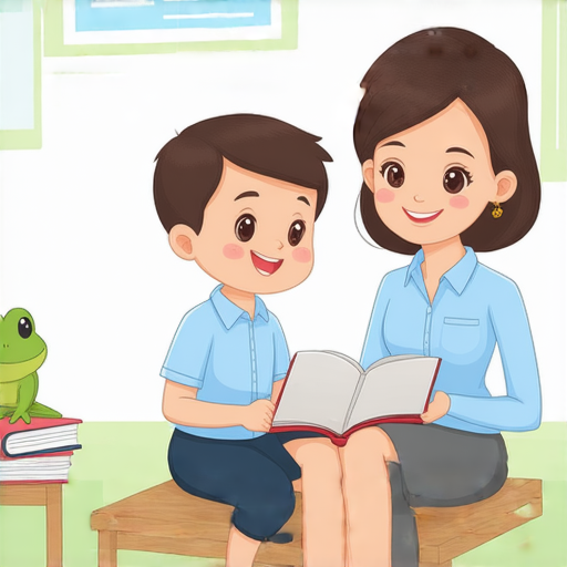 外籍老師一對一教學場景，學生專心學習英文，田雞形象代表語言學習，彰顯輕鬆掌握語言的秘訣，提升學習動機與效果。