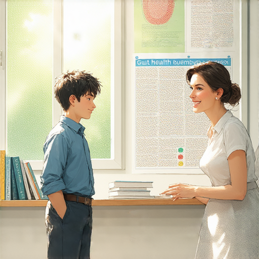揭開腸道健康的祕密，學習英文的愉快體驗，一對一外籍老師教學的場景，顯示學生與老師互動，專注於學習與健康話題，創造出積極而有趣的學習氛圍。