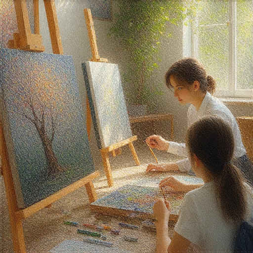 用油畫創造力激發的英文課堂，外籍老師提供一對一教學，學生專注於創作，教室內充滿色彩與藝術氛圍，提升語言學習的樂趣與效果。