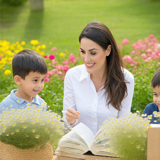 錦繡花園場景，外籍老師與學生互動，探索英語學習的樂趣，生動的教學氛圍，展現多元文化和語言交流的美麗世界，激發學習英語的興趣與熱情。