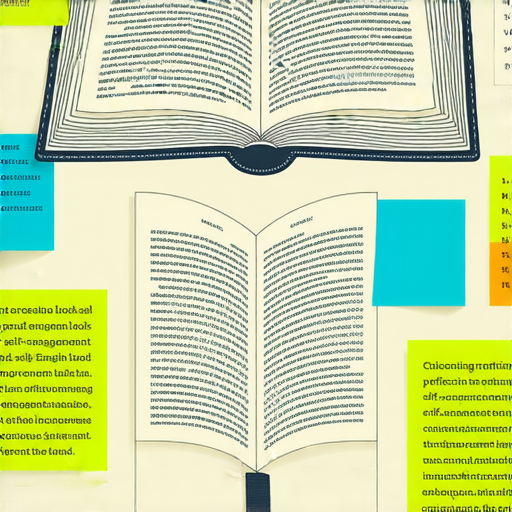 自律和自我管理的概念圖，展示如何透過英文學習提升自我管理能力，包含書籍、筆記和激勵語句，強調持之以恆的重要性。