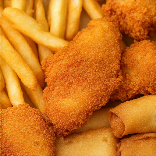 炸物狂潮專題圖片，展示各式美味油炸食物，包括薯條、炸雞和春捲，透過這些食物探索油炸美味的英文表達，適合一對一學習分享。