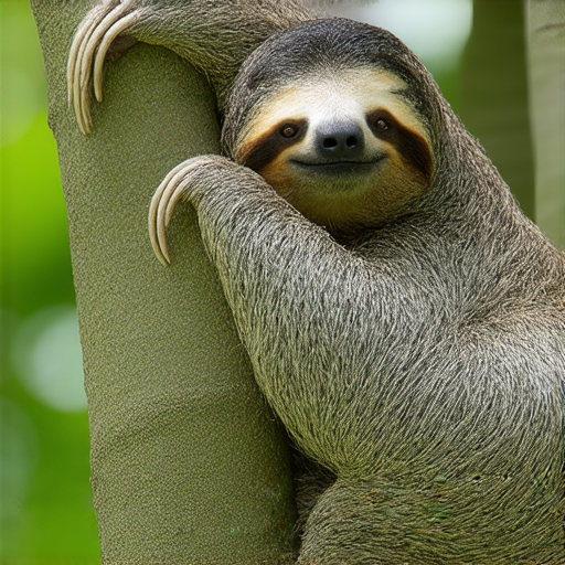 樹懶在樹梢悠閒地懶散攀爬，毛茸茸的身體融合於森林背景，展現樹懶的獨特習性和生活環境，探索樹懶的秘密生活與奇妙世界。