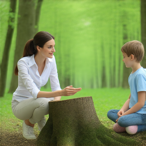 一位外籍老師與學生在樹窿旁互動，探索自然的奧秘，背景為綠色樹林，學生一對一學習英語，展現學習與自然結合的有趣場景。